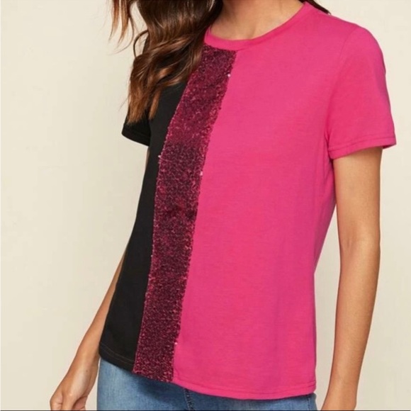 XS Scoop Neck Tee Shirt Pink & Black Color Block NEW! FIRM! - Picture 3 of 4